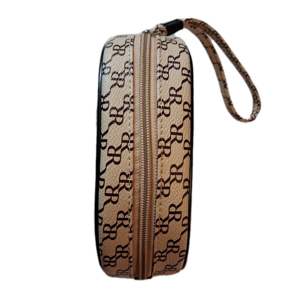 Rioni Signature Leather Makeup Pouch Traveler's Strap Bag Cream Brown R Logo